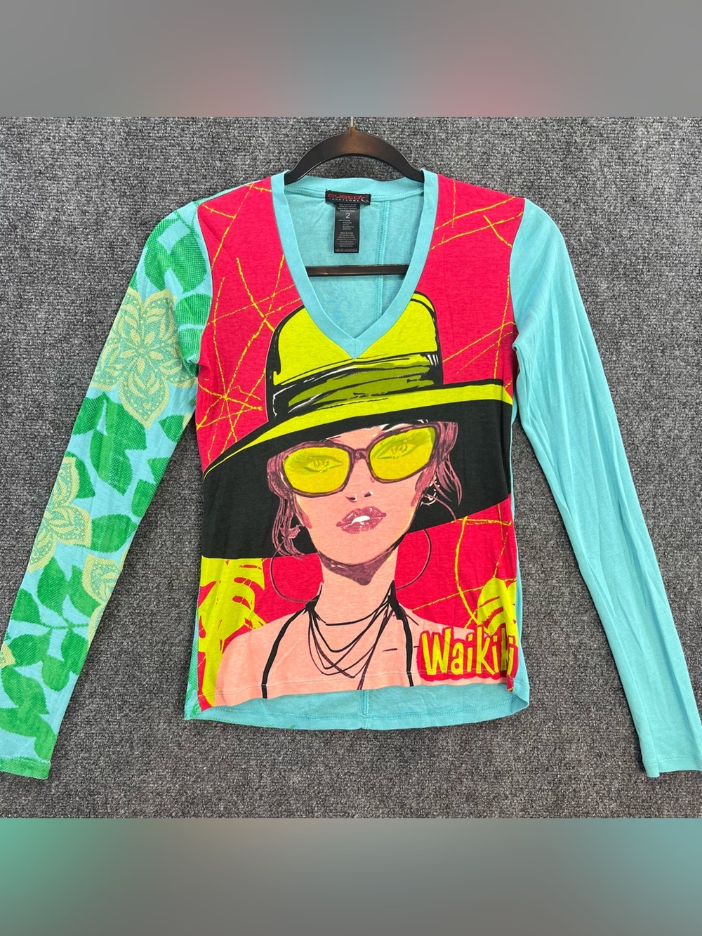 VTG Custo Barcelona ‘Waikiki’ Pop Art Shirt Sz 2 Y2K 90s Retro Rhinestones RARE